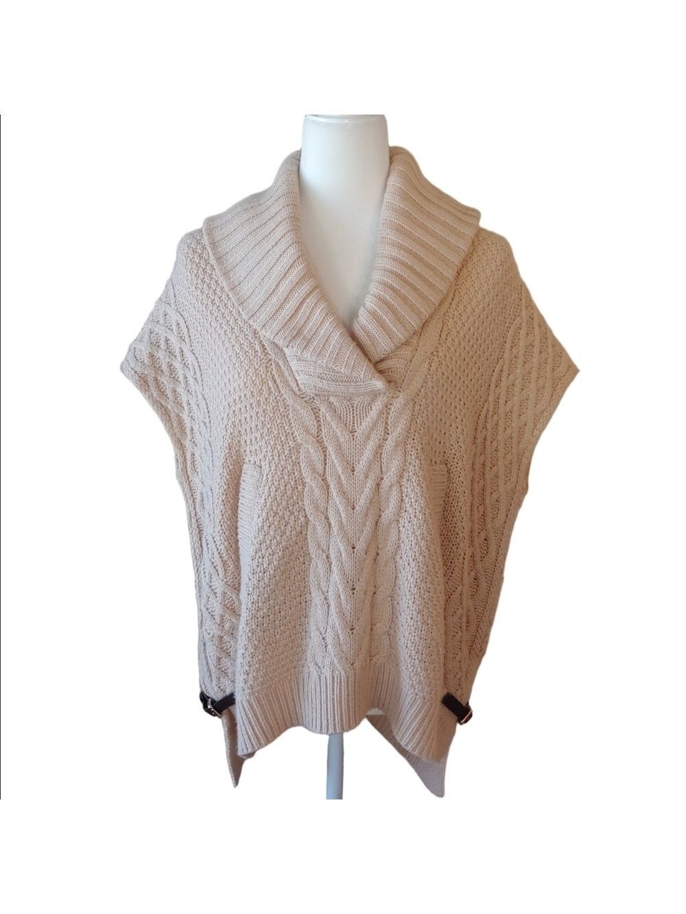 Saks Fifth Ave Wool Blend Cream Cable Knit Cowl Sweater with Side Belts Small - Picture 16 of 16